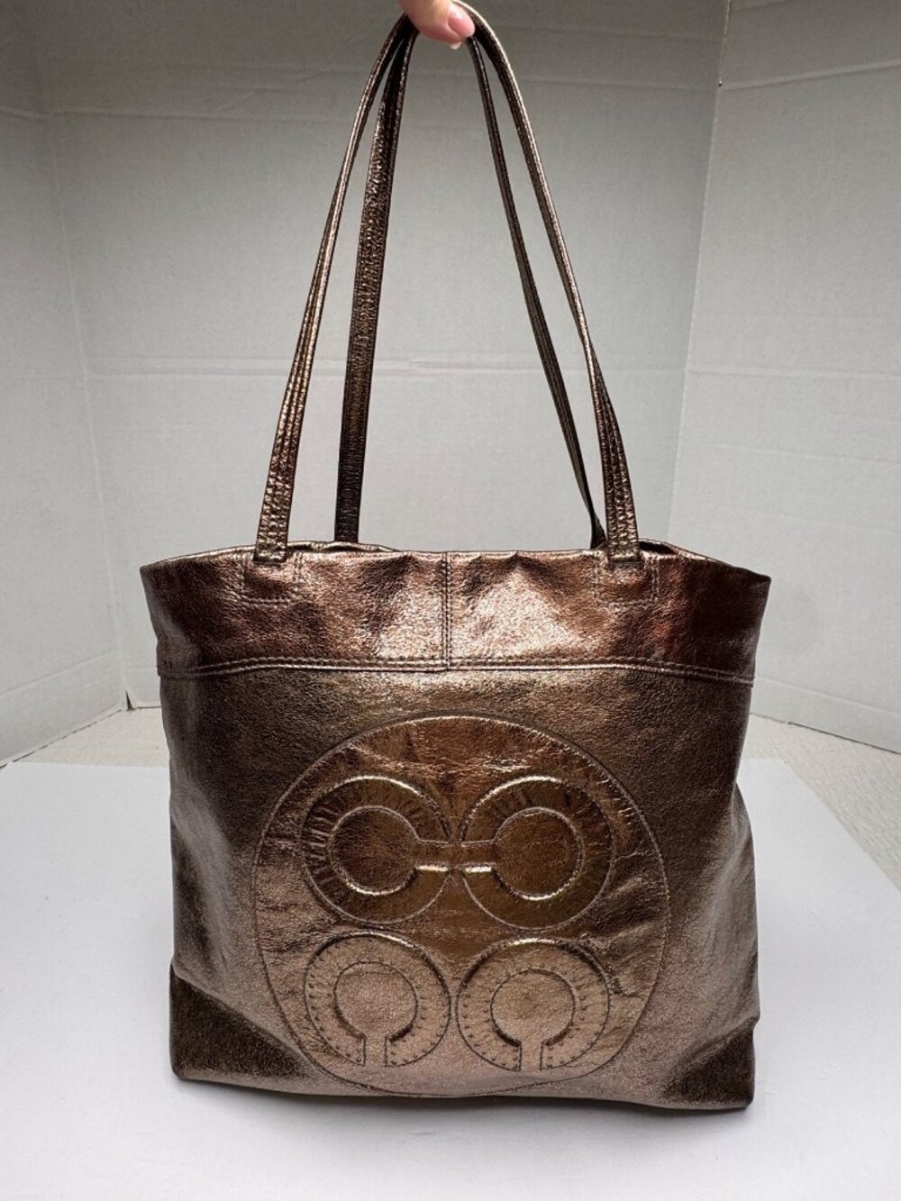 COACH Bag Op Art Julia Perry Metallic Gold Leather Laura Embossed Tote Purse